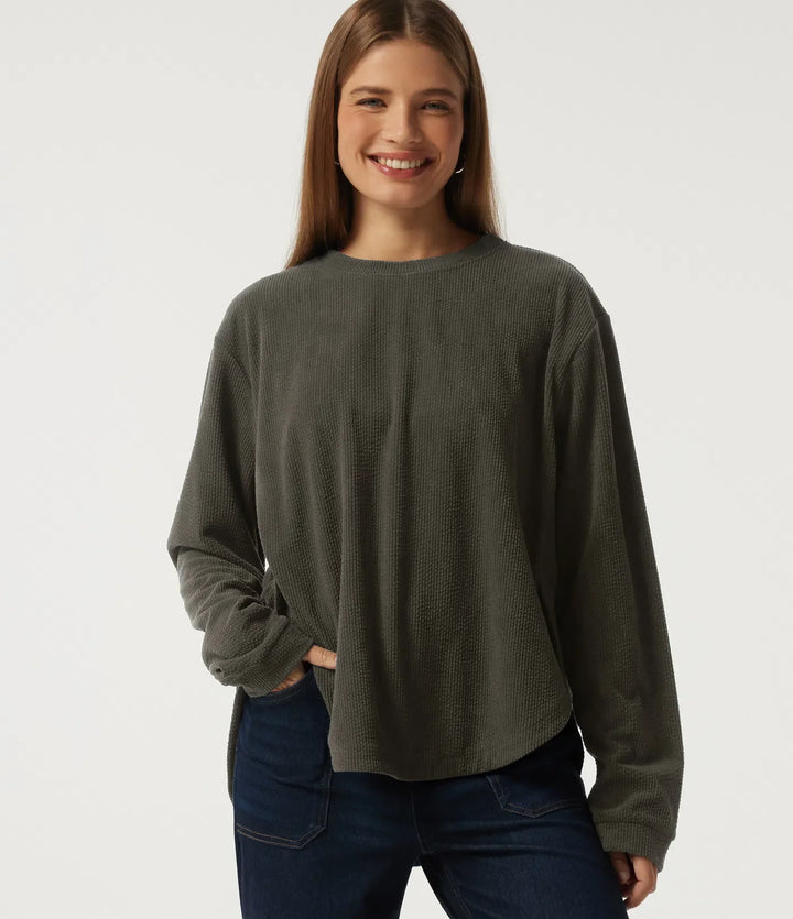 Rund hals långärmad rundad fåll manchester vardaglig sweatshirt