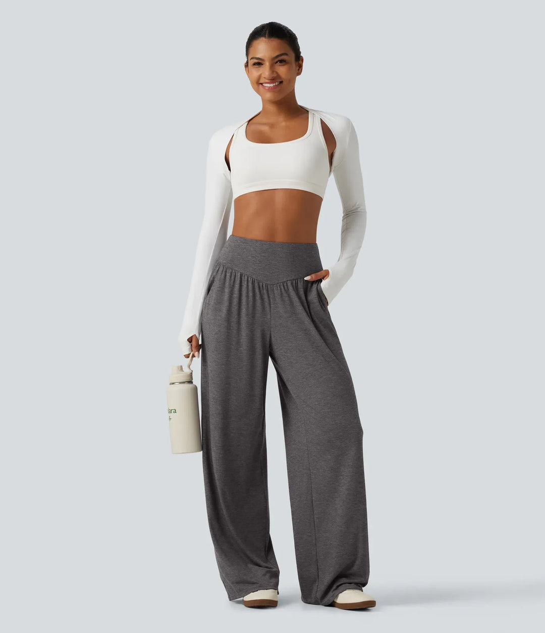 Med hög midja rynklad baggy yogabyxor med fickor