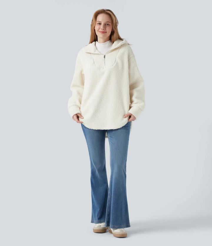 Med huva halv dragkedja rundad fåll oversized vardaglig sherpa sweatshirt med fickor