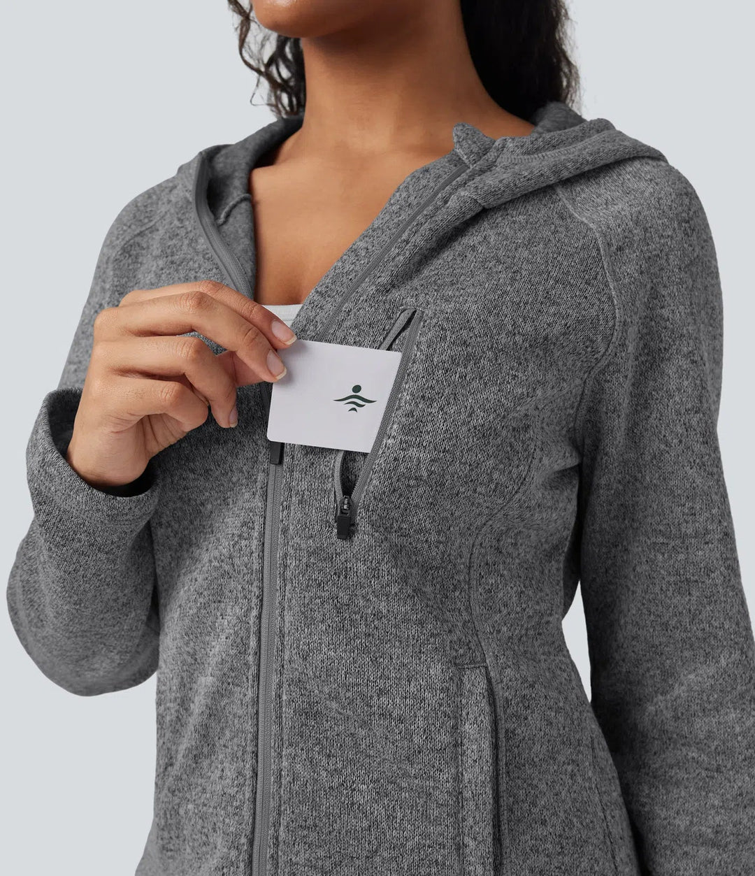 Med huva långärmad fleece stickad vandringsjacka med fickor