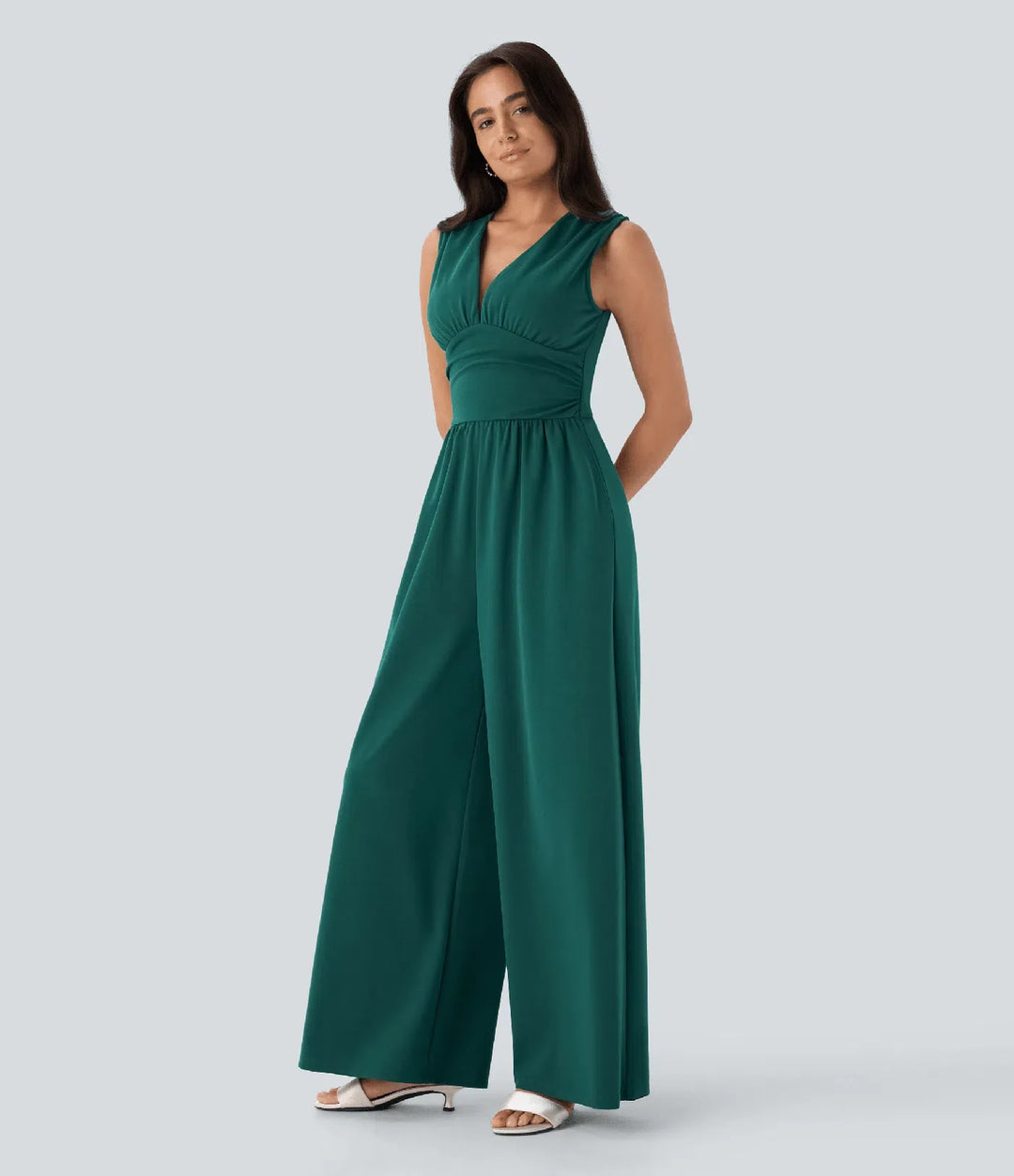 V-ringad ärmlös rynkat ficka jumpsuit-Easy Peezy
