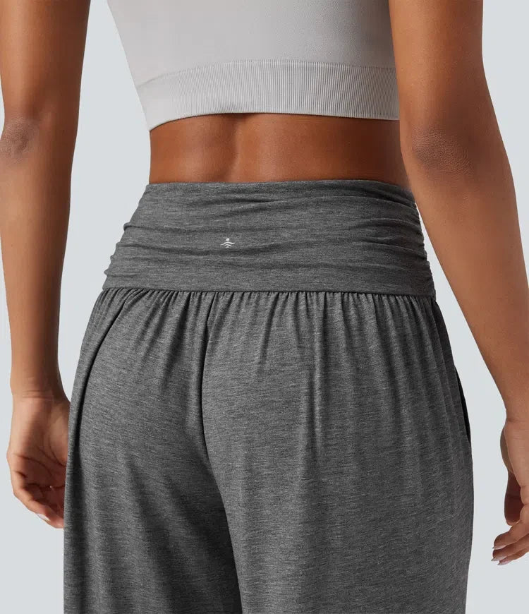 Med hög midja rynklad melerad yoga baggy byxor med fickor
