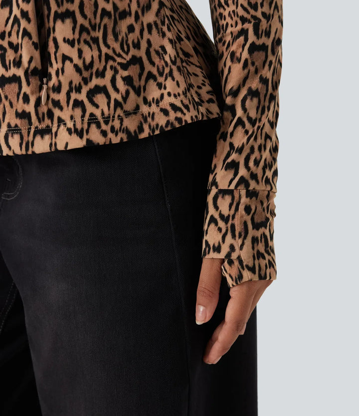 Lyckera UltraSculpt leopardmönster ståkrage långärmad tumhål vardaglig jacka med fickor