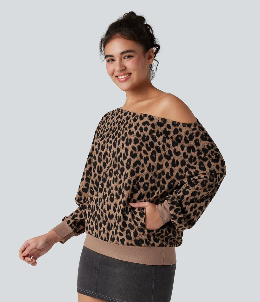 Enaxlad långärmad våffelstruktur leopard vardaglig sweatshirt med fickor