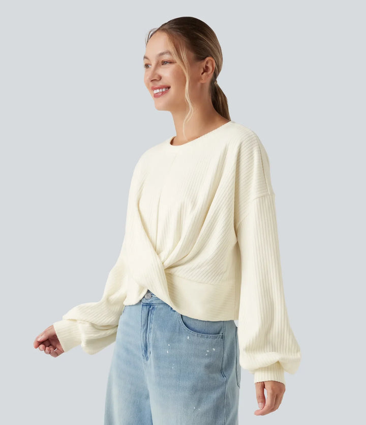 Ribbstickad rund hals långärmad vriden fåll vardaglig sweatshirt