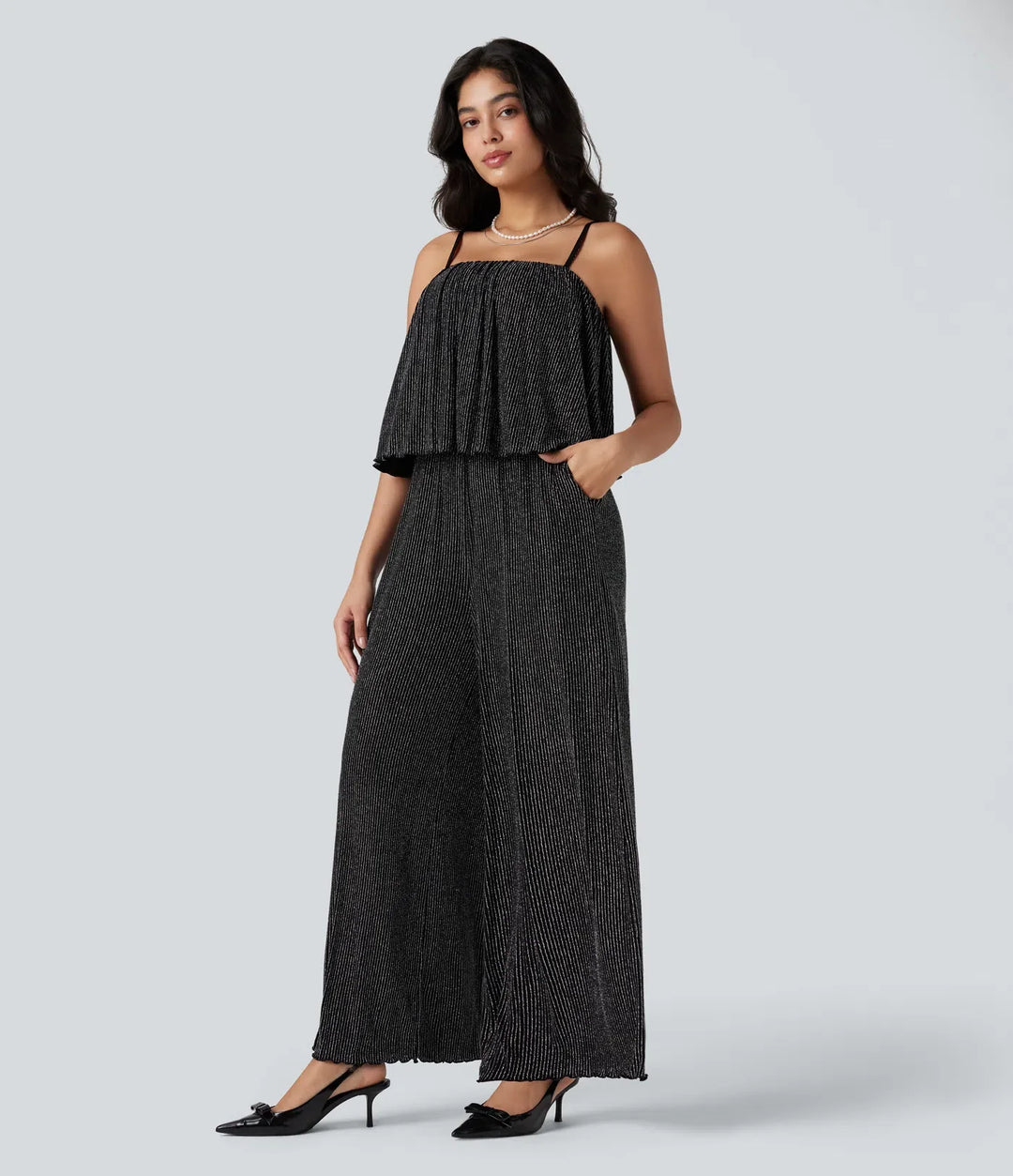 Volangfåll ärmlös skimrande randig vardaglig jumpsuit med fickor-Easy Peezy