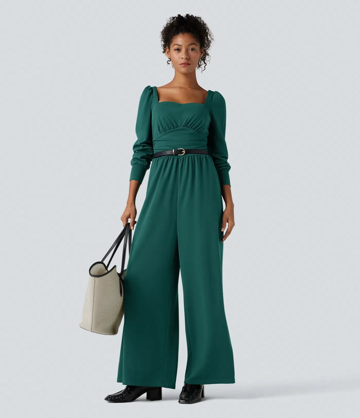 Fyrkantig halsringning långärmad arbetsjumpsuit med fickor-Easy Peezy Edition
