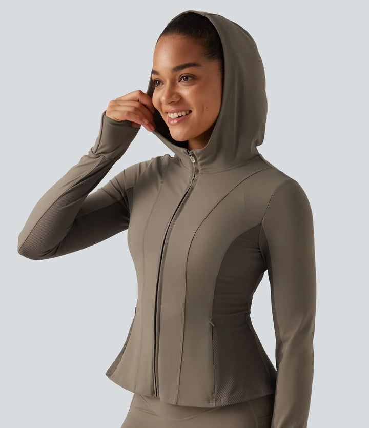 Lyckera UltraSculpt med huva långärmad volangfåll yoga träningsjacka med fickor och tumhål