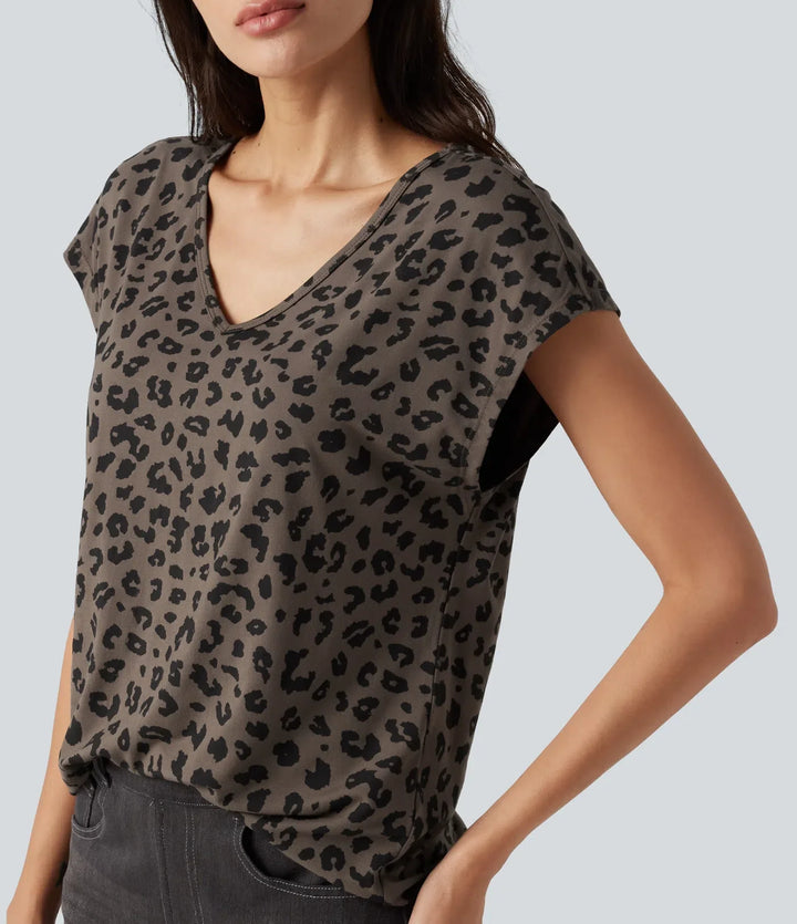 V-ringning kortärmad leopardmönstrad T-shirt för vardag