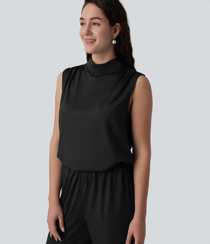 Stående krage ärmlös raka ben brudtärna och bröllopsgäst jumpsuit med fickor – Easy Peezy
