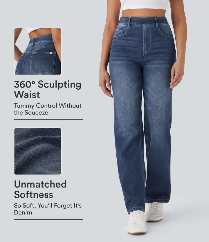 Halara Flex med hög midja, magkontroll och fickor raka ben tvättad vardagsjeans