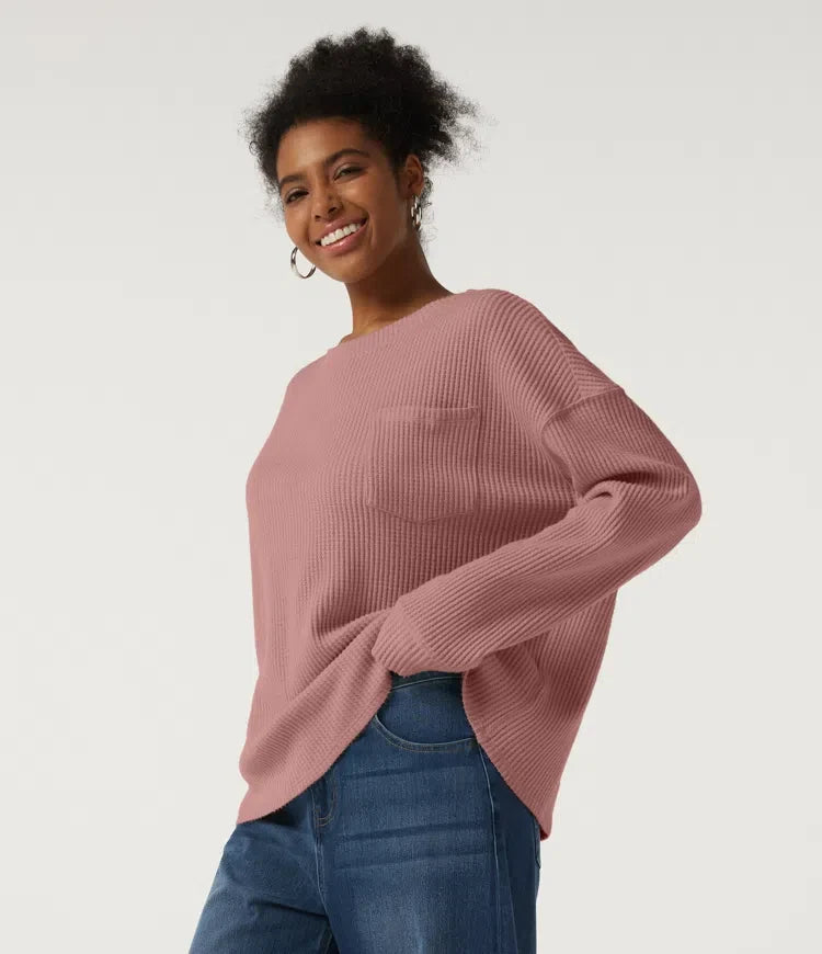 Rund hals långärmad nedhasad våffelstruktur vardaglig sweatshirt med ficka