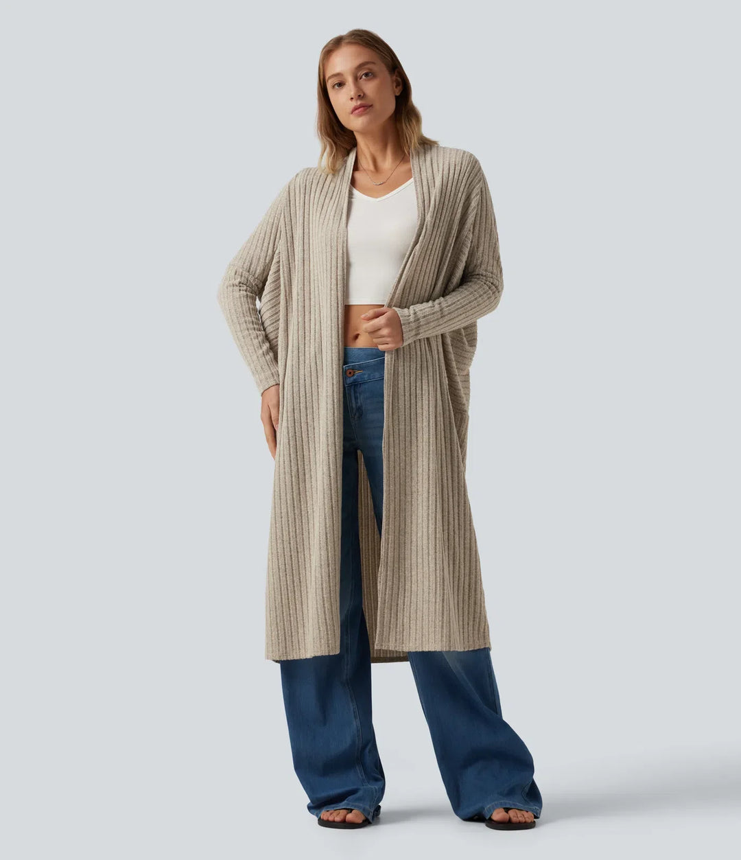 Ribbstickad lång fladdermusärm bältad vardaglig lång modell cardigan