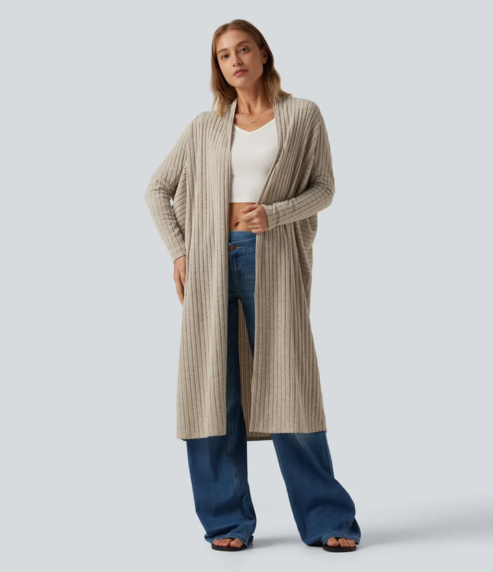 Ribbstickad lång fladdermusärm bältad vardaglig lång modell cardigan