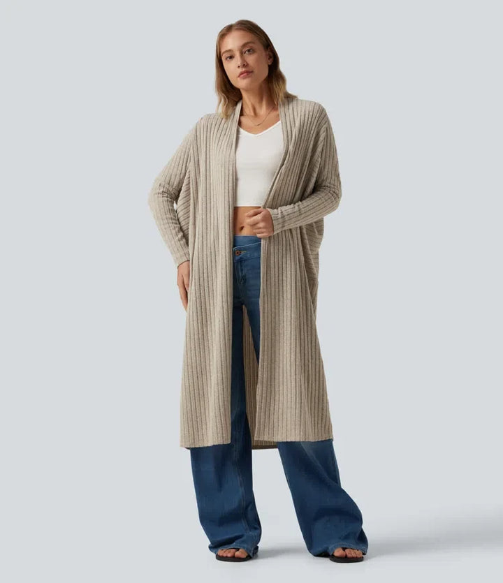 Ribbstickad lång fladdermusärm bältad vardaglig lång modell cardigan