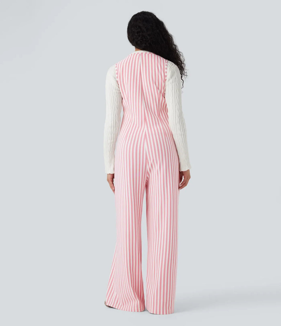 U-ringad ärmlös randig våffelstruktur vardaglig jumpsuit med fickor