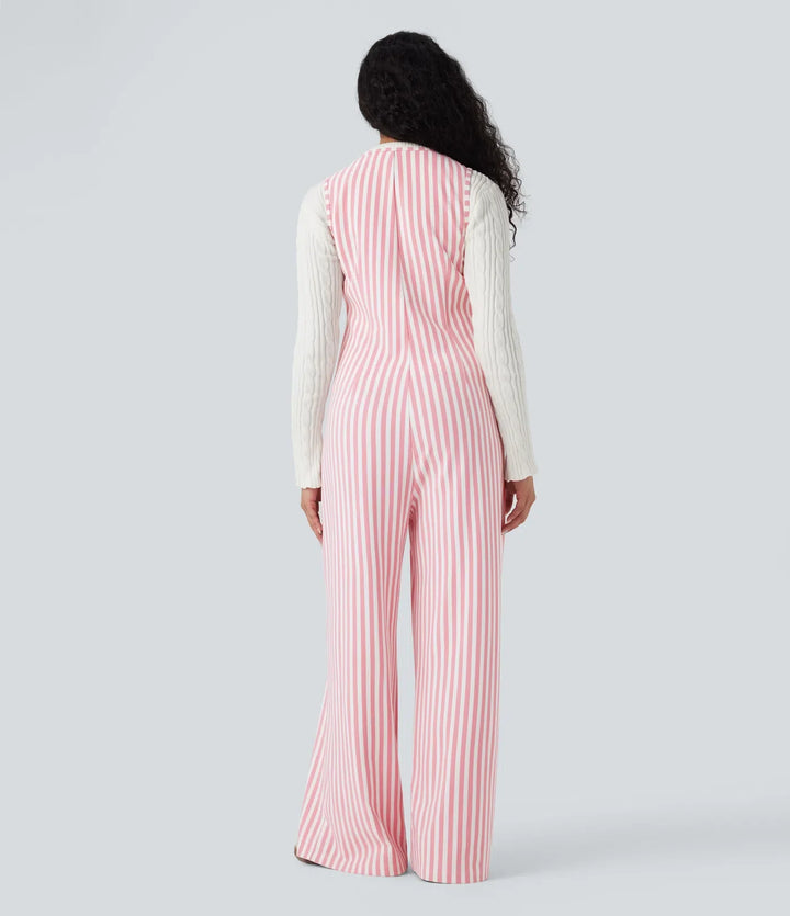 U-ringad ärmlös randig våffelstruktur vardaglig jumpsuit med fickor