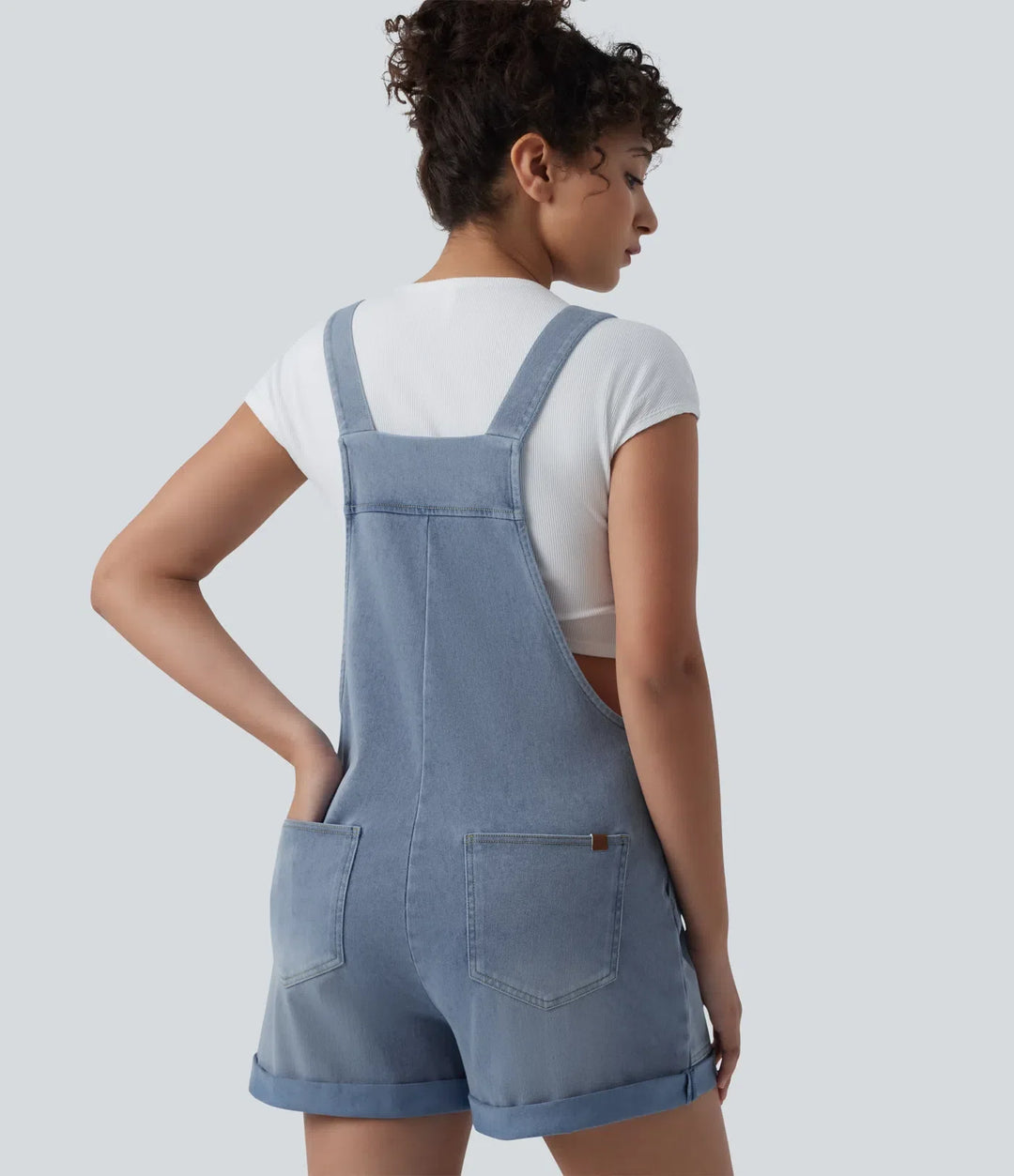 Lyckera Flex fyrkantig halsringning upprullad fåll denim vardaglig kort overall med fickor