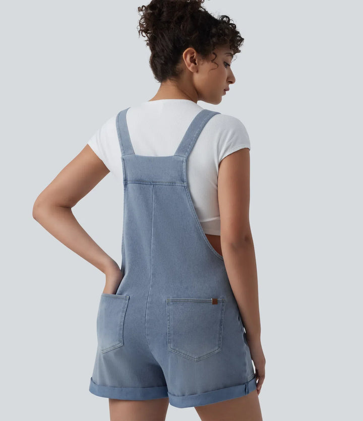 Lyckera Flex fyrkantig halsringning upprullad fåll denim vardaglig kort overall med fickor