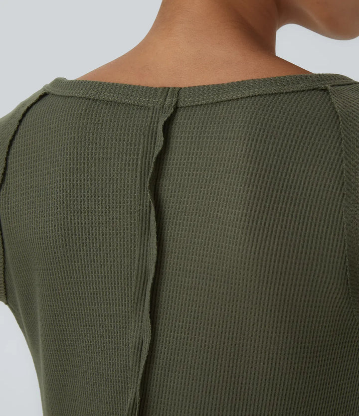 Båtringad raglan ärm tumhål fåll våffelstruktur vardaglig sweatshirt klänning