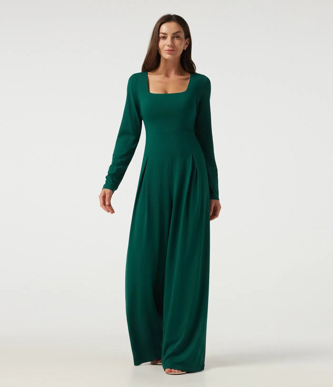 Fyrkantig halsringning långärmad inbyggd BH vida ben vardaglig jumpsuit med fickor-Easy Peezy Edition