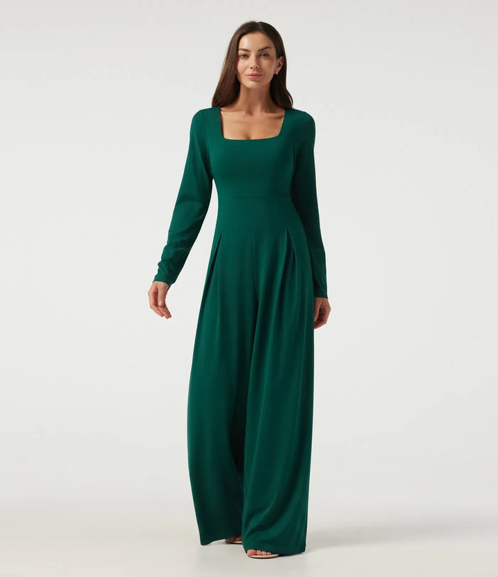 Fyrkantig halsringning långärmad inbyggd BH vida ben vardaglig jumpsuit med fickor-Easy Peezy Edition