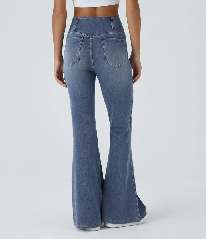 Lyckera Flex högmidjad crossover ficka tvättad vardaglig utsvängd jeans