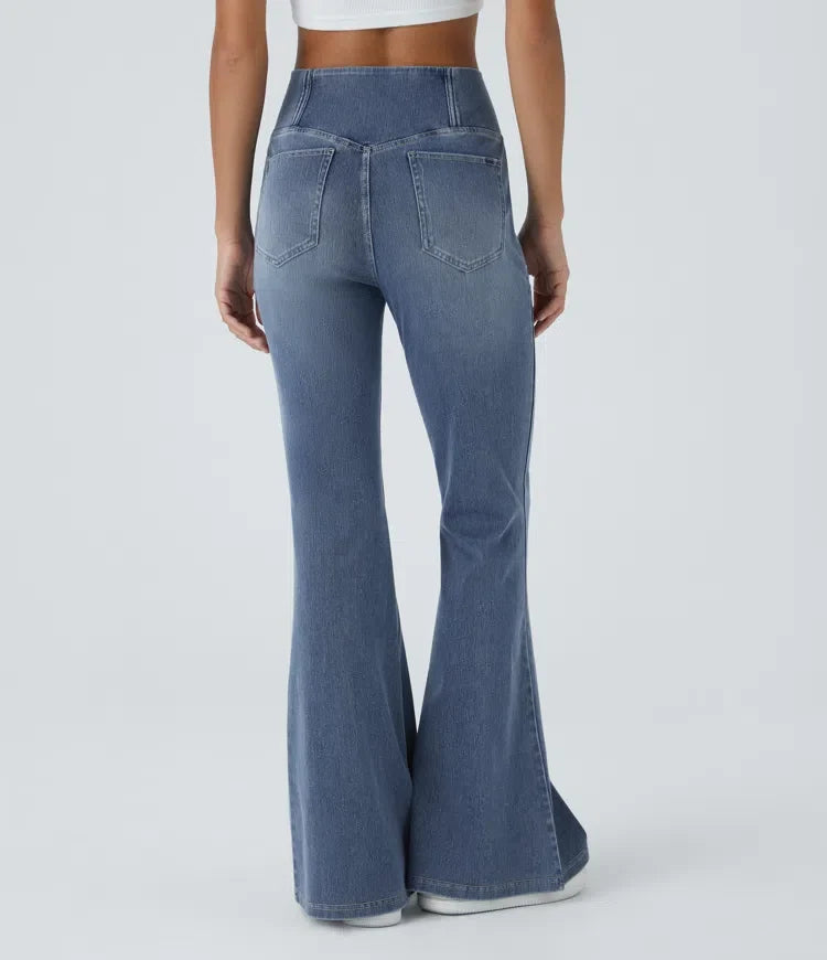 Lyckera Flex högmidjad crossover ficka tvättad vardaglig utsvängd jeans