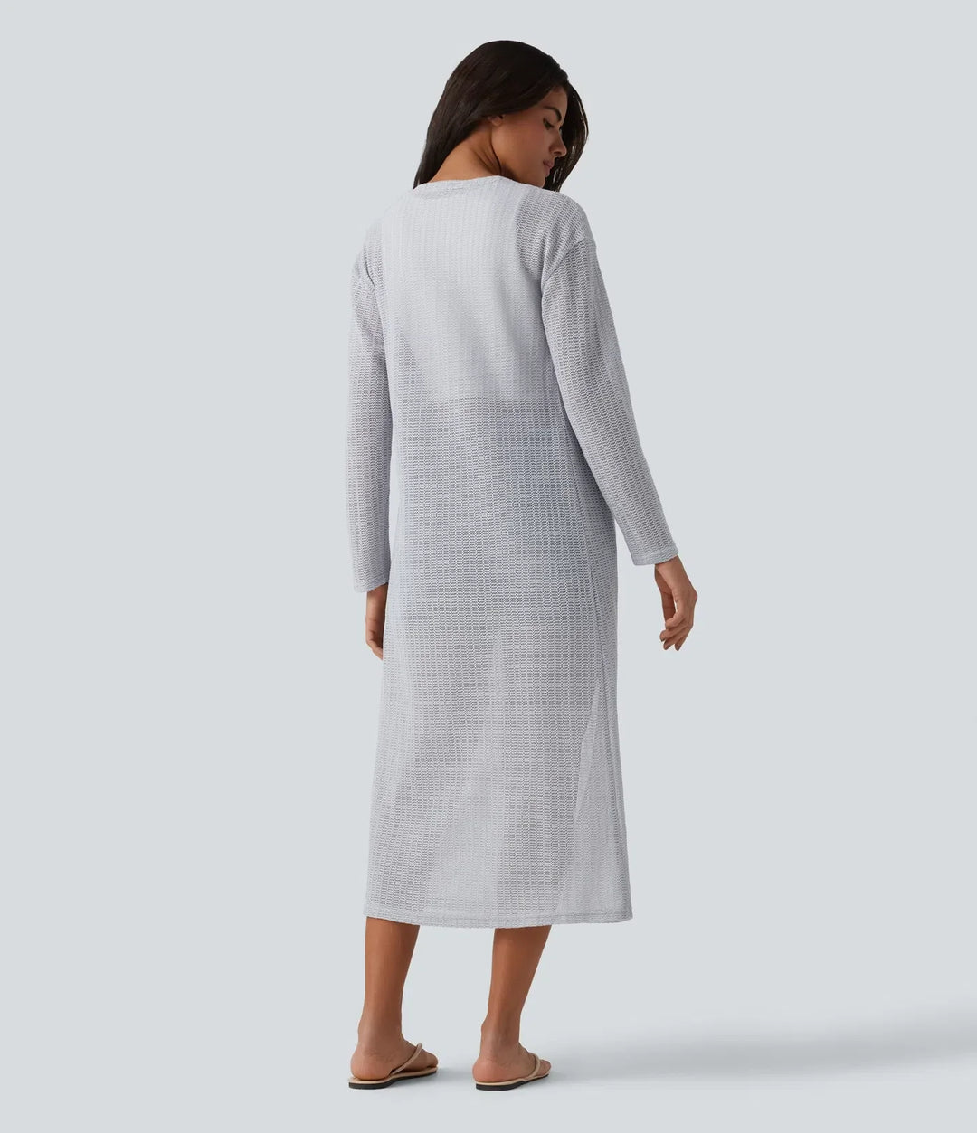 Långärmad lång modell vardaglig virkad stickning kappa