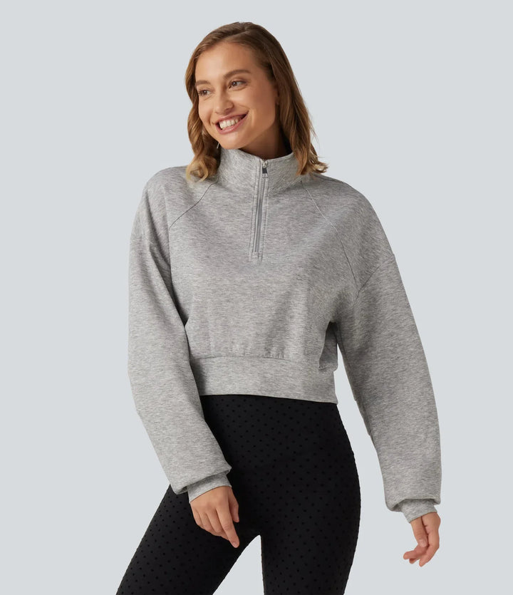 Ståkrage halv-dragkedja lång raglanärm vardaglig croppad sweatshirt