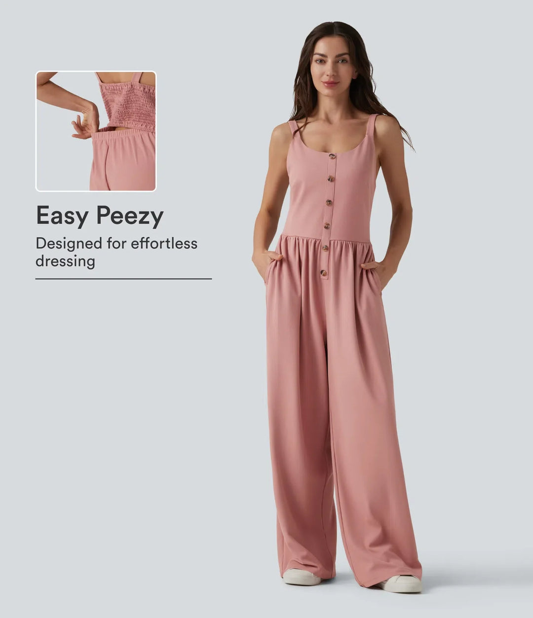 U-ringad ärmlös smockad dekorativ knappar våffelstruktur vardaglig vida ben jumpsuit med fickor-Easy Peezy