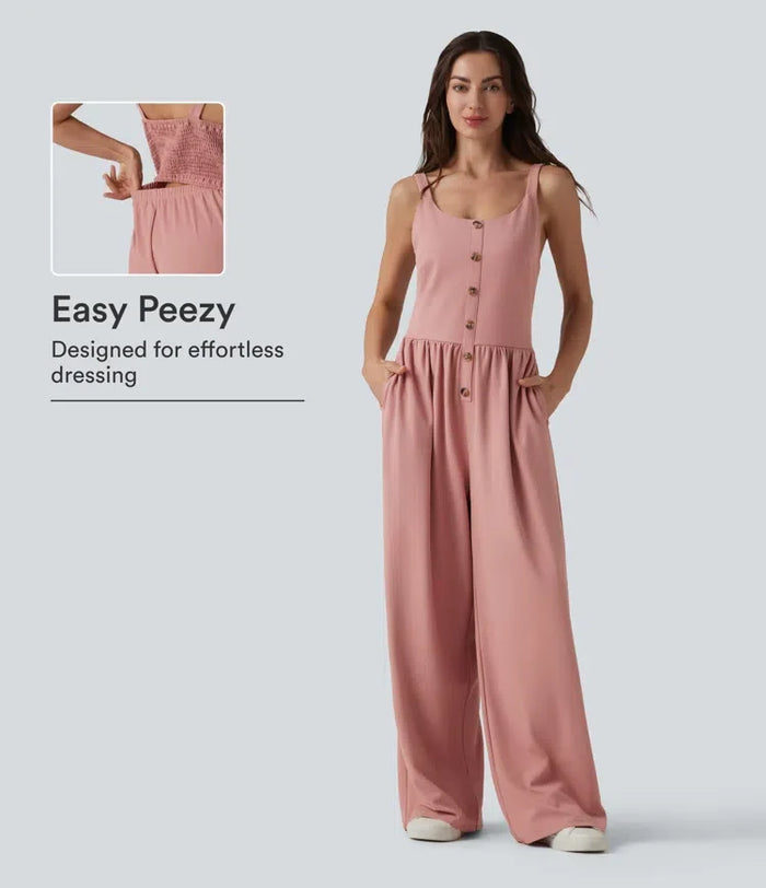 U-ringad ärmlös smockad dekorativ knappar våffelstruktur vardaglig vida ben jumpsuit med fickor-Easy Peezy