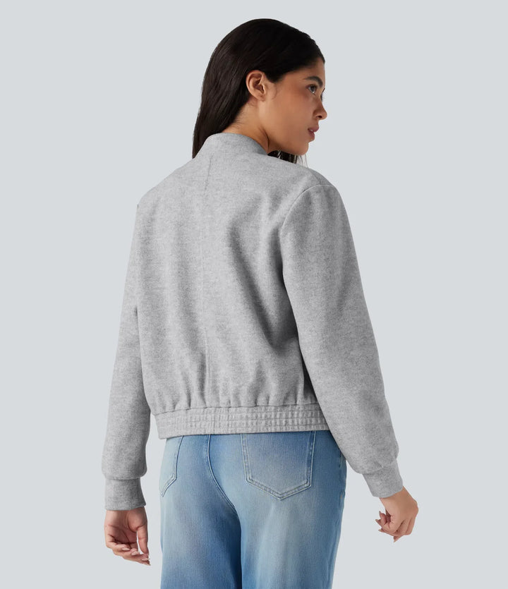 Ståkrage långärmad fleece vardaglig bomber jacka med fickor