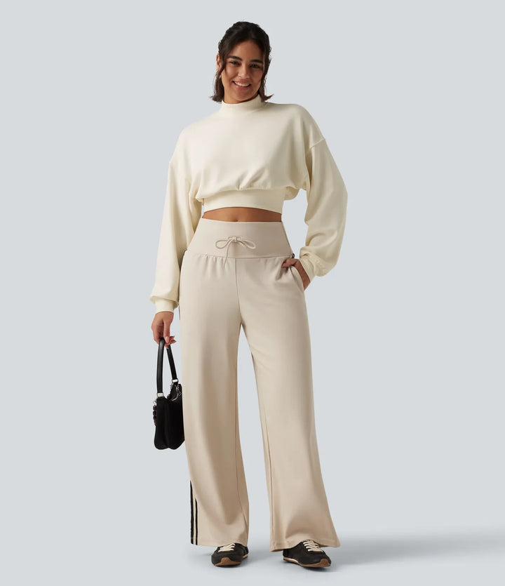 Halvpolo nedhasad långärmad vardaglig croppad sweatshirt