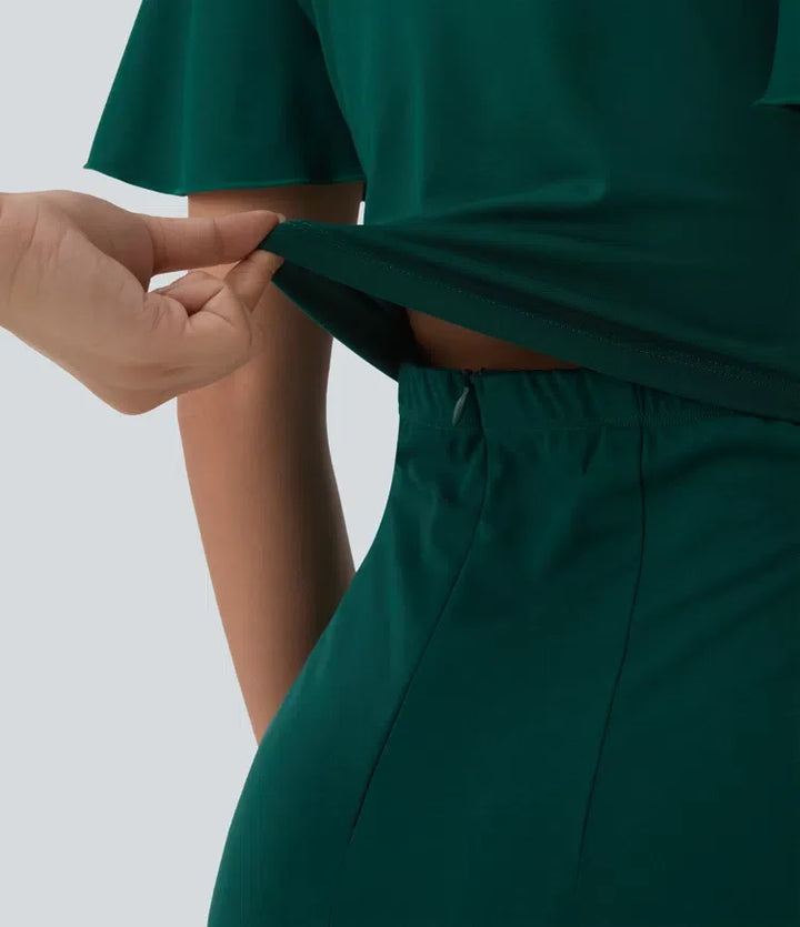 Rund halsringning kortärmad knytning framtill vida ben jumpsuit med fickor – Easy Peezy-utgåva