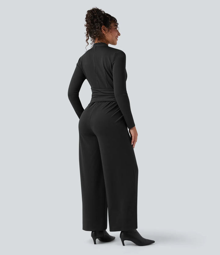 V-ringad dragkedja långärmad arbetsjumpsuit med fickor-Easy Peezy