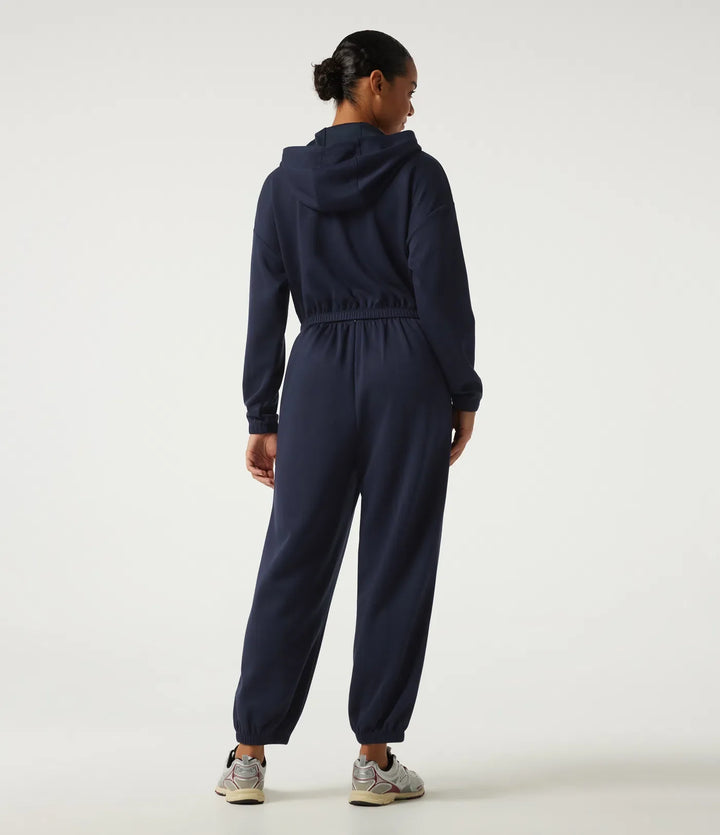 Med huva nedhasad långärmad halv dragkedja knytning fram vardaglig jogger jumpsuit med fickor-Easy Peezy Edition