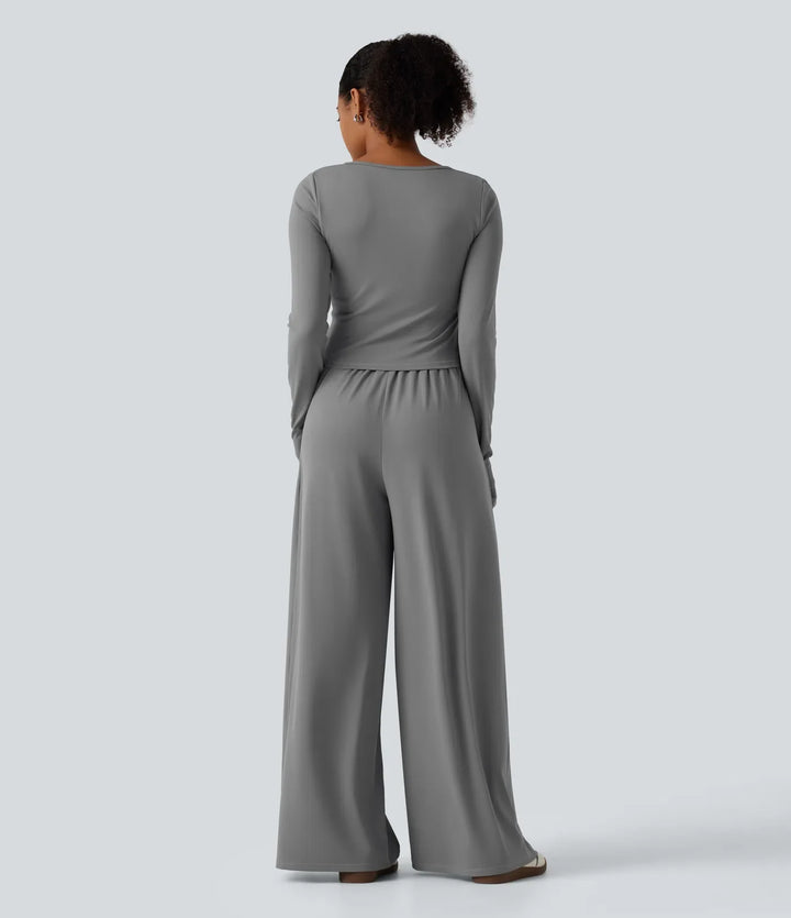 U-ringad långärmad tumhål vida ben rynkat vardaglig jumpsuit med inbyggd BH och fickor -Easy Peezy Edition