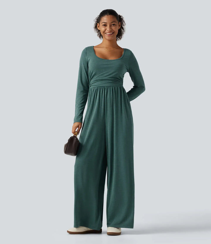 Djup rund halsringning långärmad inbyggd BH vida ben rynkat vardaglig jumpsuit med fickor-Easy Peezy Edition