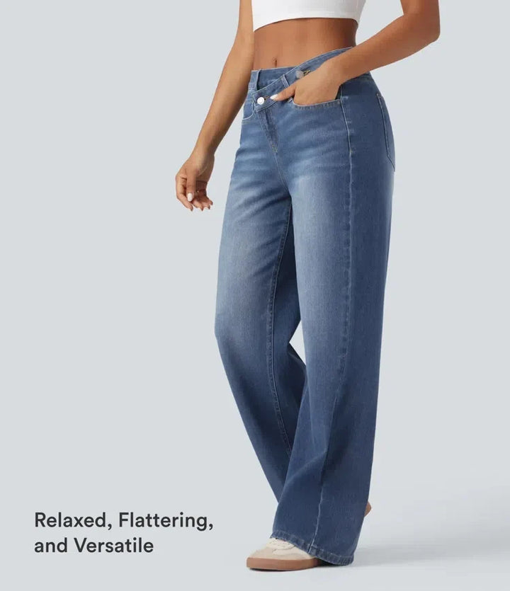 Lyckera Flex asymmetrisk högmidjad tvättad vardaglig baggy jeans med fickor