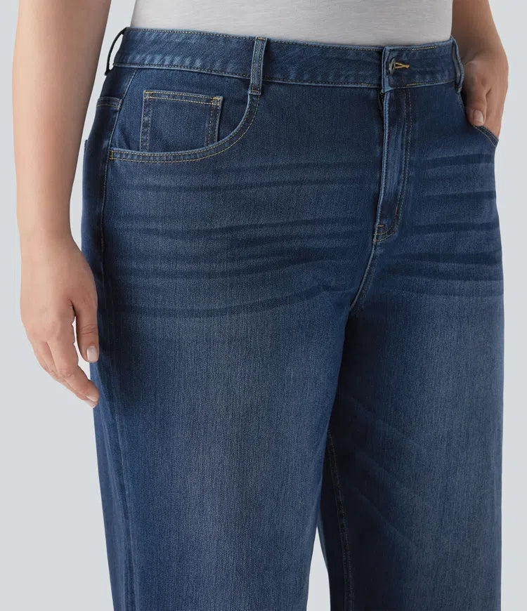 Plusstorlek Halara Flex med hög midja vida ben upprullad fåll tvättad stretchig stickad vardagsjeans med fickor