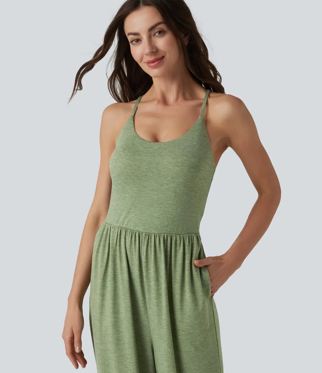 Korsad rygglös ärmlös inbyggd BH melerad vardaglig jumpsuit med fickor-Easy Peezy