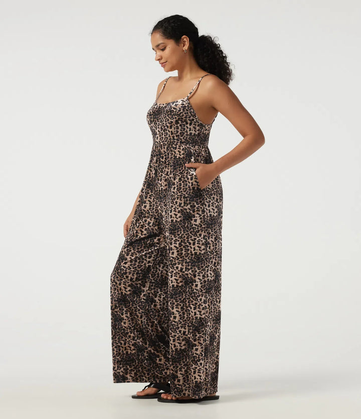 U-ringad ärmlös leopardmönster sammet vardaglig jumpsuit med fickor