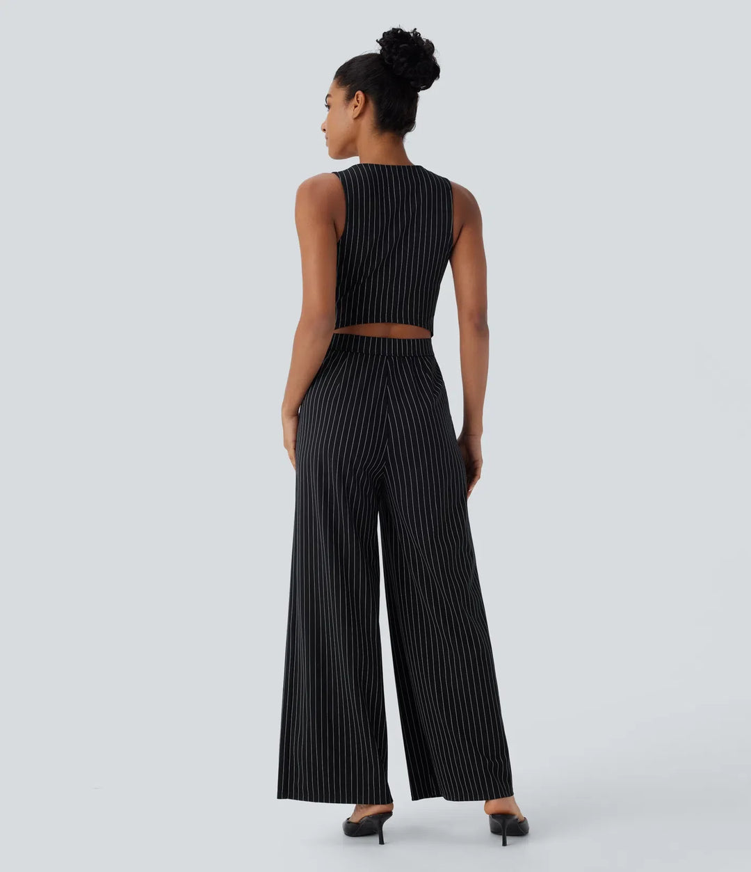 V-ringad ärmlös skuren-ut fickor vida ben randig InstantCool arbetsjumpsuit