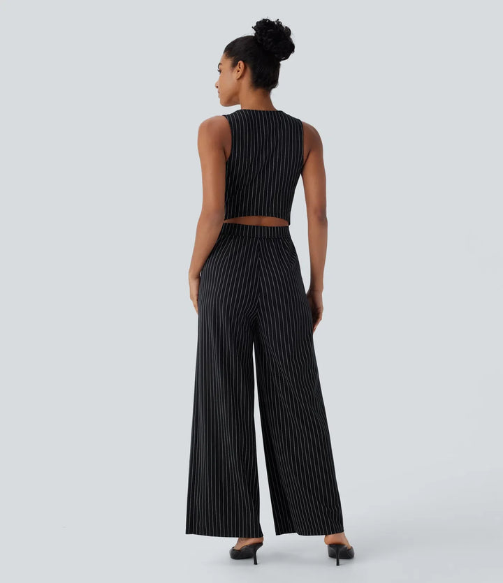 V-ringad ärmlös skuren-ut fickor vida ben randig InstantCool arbetsjumpsuit