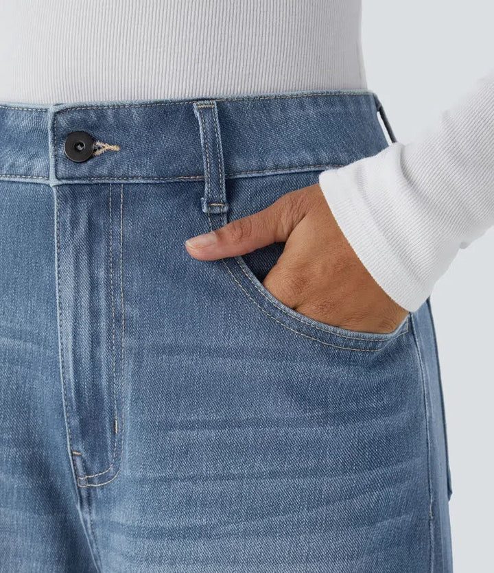 Lyckera Flex högmidjad fickor justerbar fåll vida ben tvättad vardagsjeans