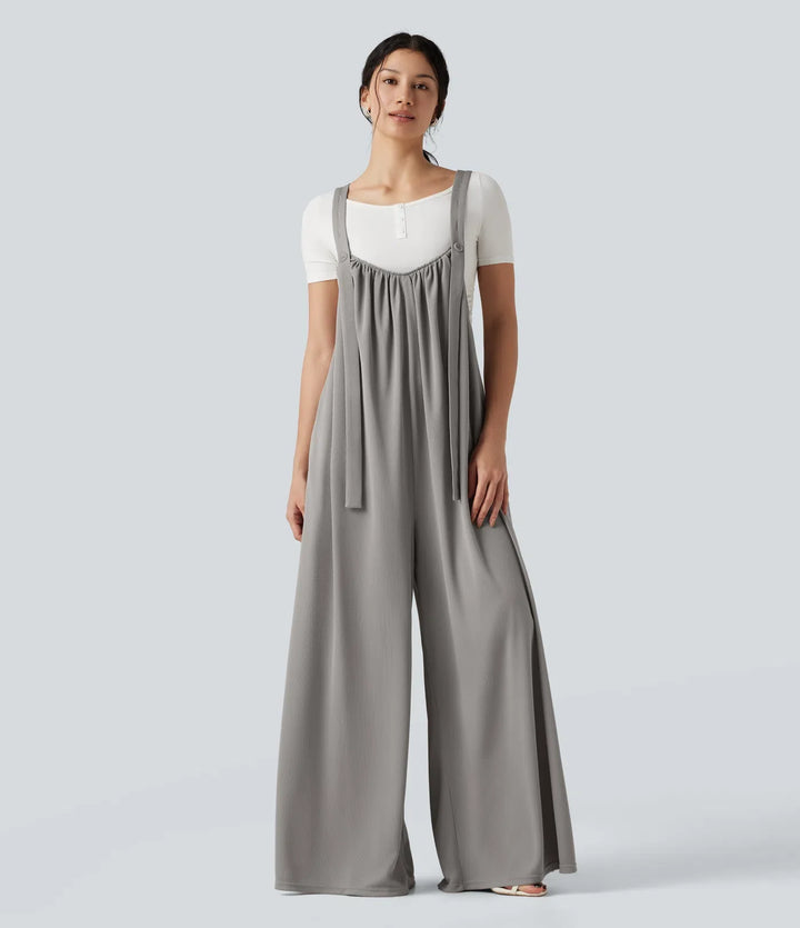 Justerbara axelband våffelstruktur vardaglig fallande baggy jumpsuit med fickor