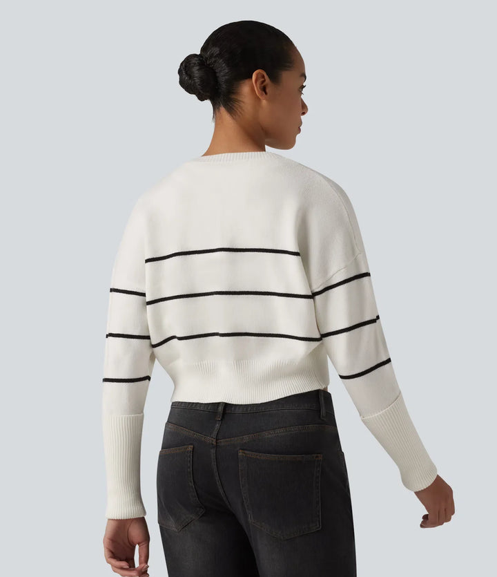 Rund hals långärmad randig vardaglig cardigan