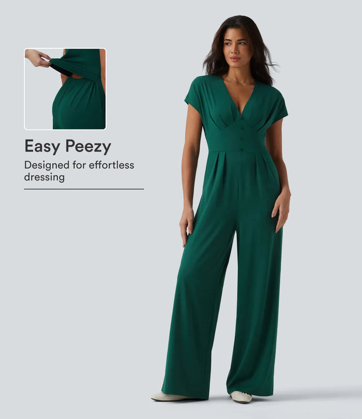 V-ringning kortärmad vida ben jumpsuit för vardag med fickor – Easy Peezy-utgåva