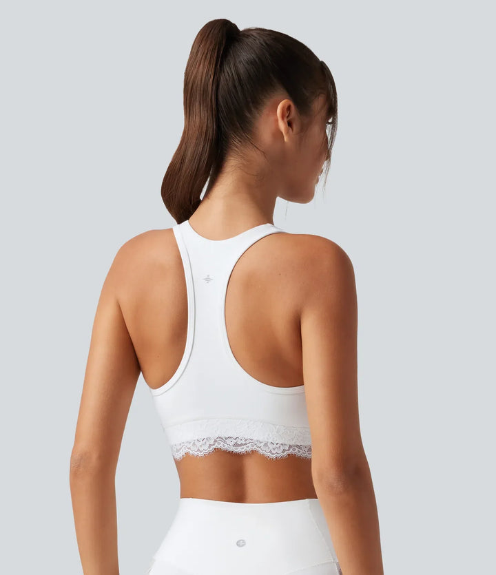 Halara UltraSculpt lätt stöd V-ringning inbyggd bh brottarrygg kontrastspets träning sport-bh